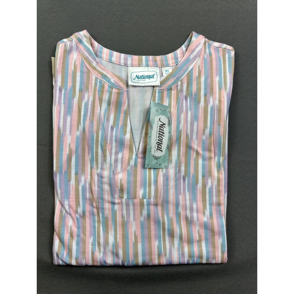 National Women XL Pink Blue Ikat Stripe Split Neck 3/4 Sleeve Knit Top NWT